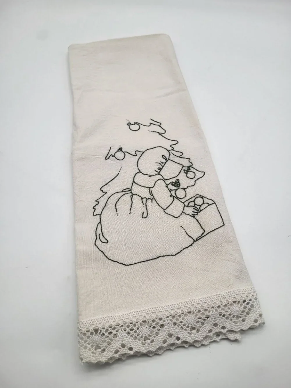 Vintage Tea Towel Embroidered Bonnet Girl Decorating Christmas Tree Cottagecore